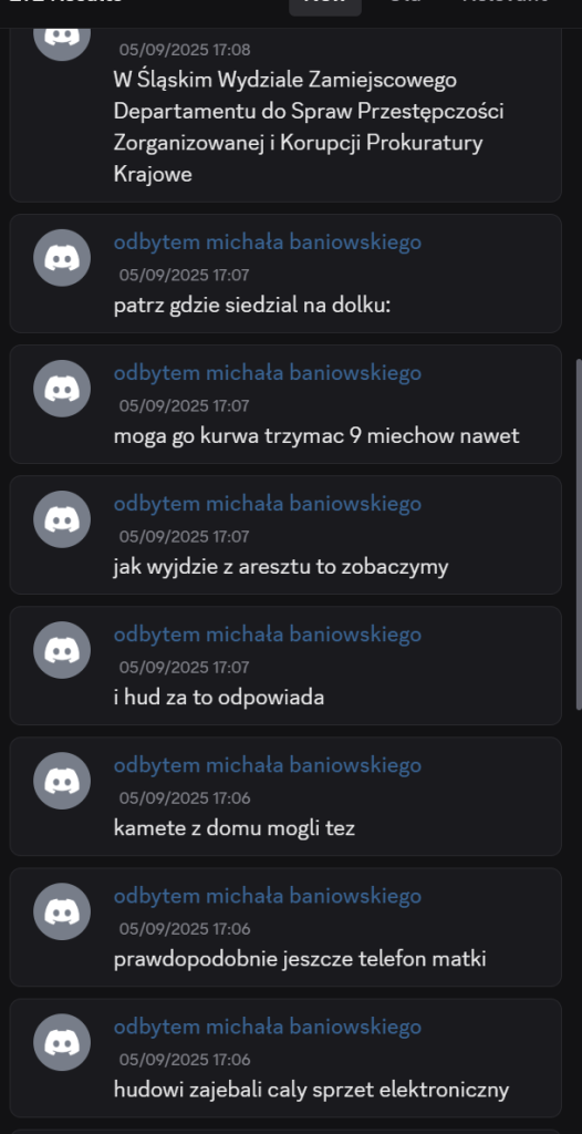 Zapis wpisów Wiktora P. z platformy Discord. Dołek to jest policyjny i to odbywa się rejonowo. Poza tym osoba o tym nicku miesza sytuacje i myli osoby.