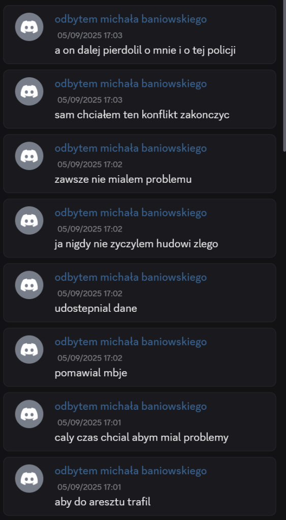 Zapis wpisów Wiktora P. z platformy Discord. Ten pacjent Wiktor P. jest nielogiczny.