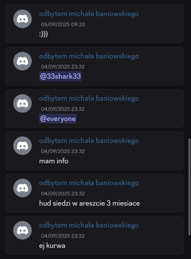 Zapis wpisów Wiktora P. z platformy Discord. Był człowiek, który wobec działań Wiktora P. prawie rok siedział w areszcie. Ja nie wiem czy wyszedł. W areszcie są mierne szanse na obronę.