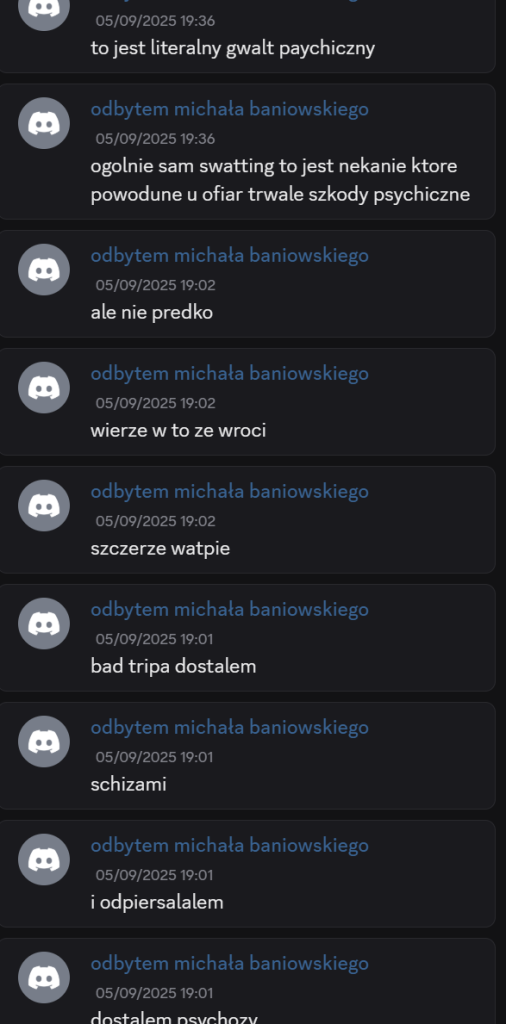 Zapis wpisów Wiktora P. z platformy Discord. Karma wraca.