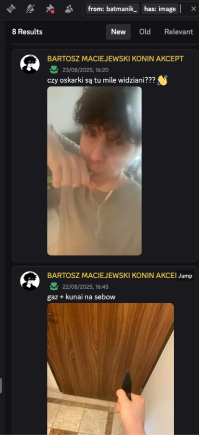 Zapis wpisów Wiktora P. z platformy Discord. Ciekawe do czego się przygotowywał.