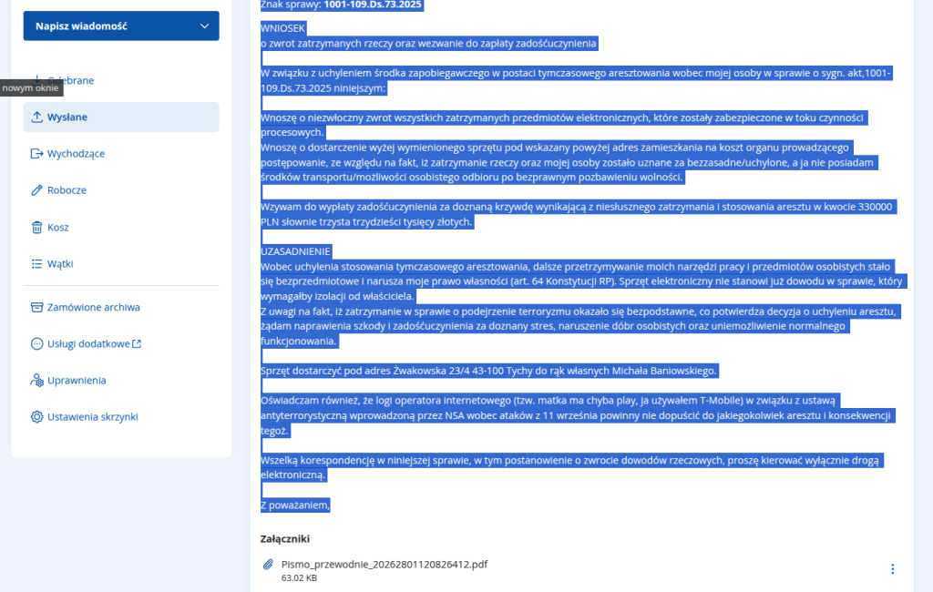 Dowód wysłania pisma przez platformę rządową RP. Inne podobne z systemu cyfrowego RP zniknęły.
